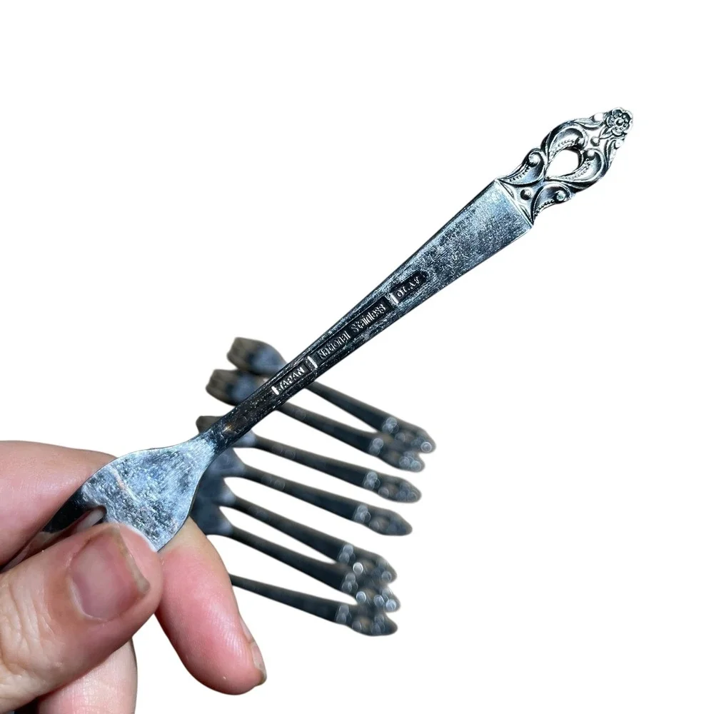 Vintage Olaf Japan National Stainless Dessert Forks Set of 7 Ornate Silver-Tone